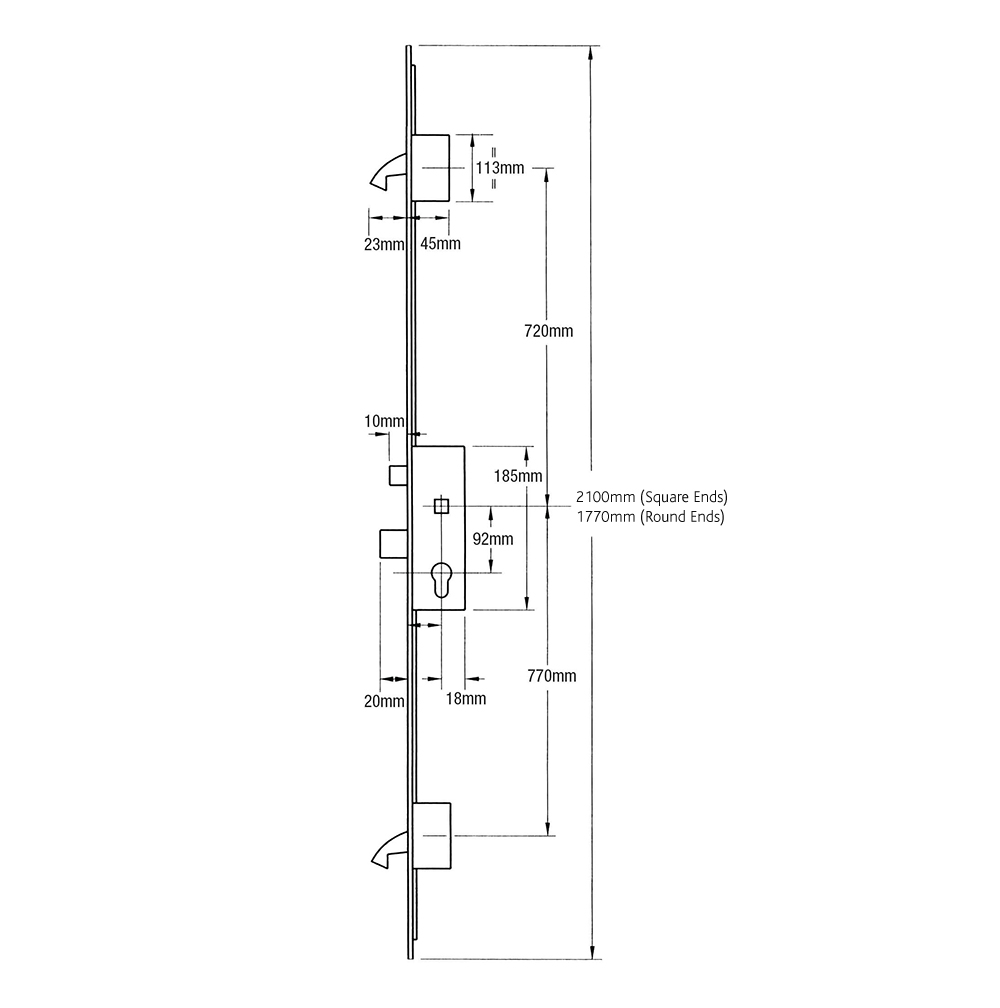 Winkhaus Trulock 45/92 Latch Deadbolt 2 Hooks 20mm Flat Faceplate Lift Lever Multipoint Door Lock - Image 2