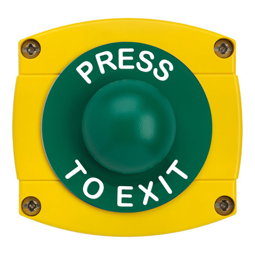 CQR AEB41 IP66 Yellow/Green Surface Box With Momentary Green Dome - Legend "Press To Exit" (LEAD TIME: 2-3 DAYS)
