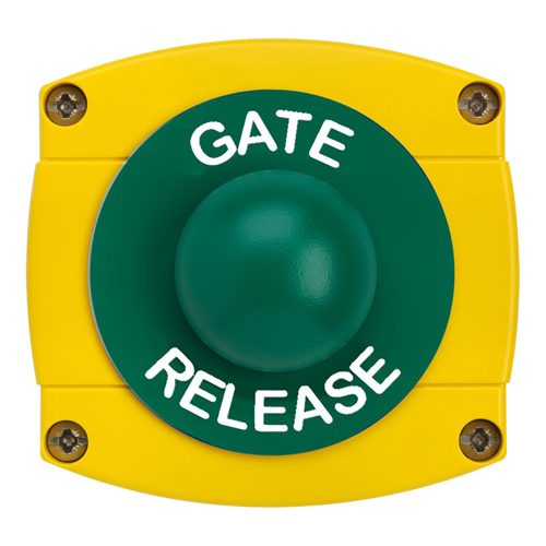 CQR AEB42 IP66 Yellow/Green Surface Box With Momentary Green Dome - Legend "Gate Release" (LEAD TIME: 2-3 DAYS)
