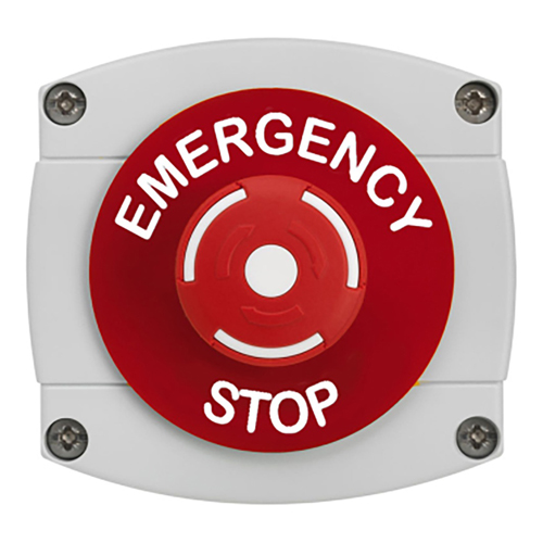 CQR AEB55 IP66 Grey/Red Surface Box With Red Push On / Twist Off Button - Legend "Emergency Stop" (LEAD TIME: 2-3 DAYS)