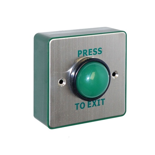 CQR AEB507/B Surface Mounted Request To Exit Switch With Green Dome & Sleeve - Legend "Press To Exit" - Stainless Steel / Green Back Box (LEAD TIME: 2-3 DAYS)