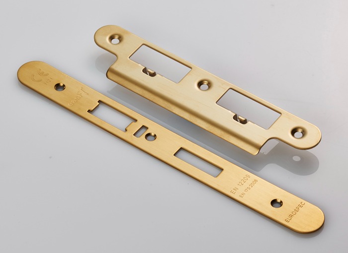 Eurospec FSF5032PVD/R Forend Strike & Fixing Pack To Suit Din Escape Lock - PVD Radius Forend (LEAD TIME: 2-3 DAYS)